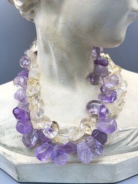 Natural Amethyst & Citrine Chunky Double Stand Necklace